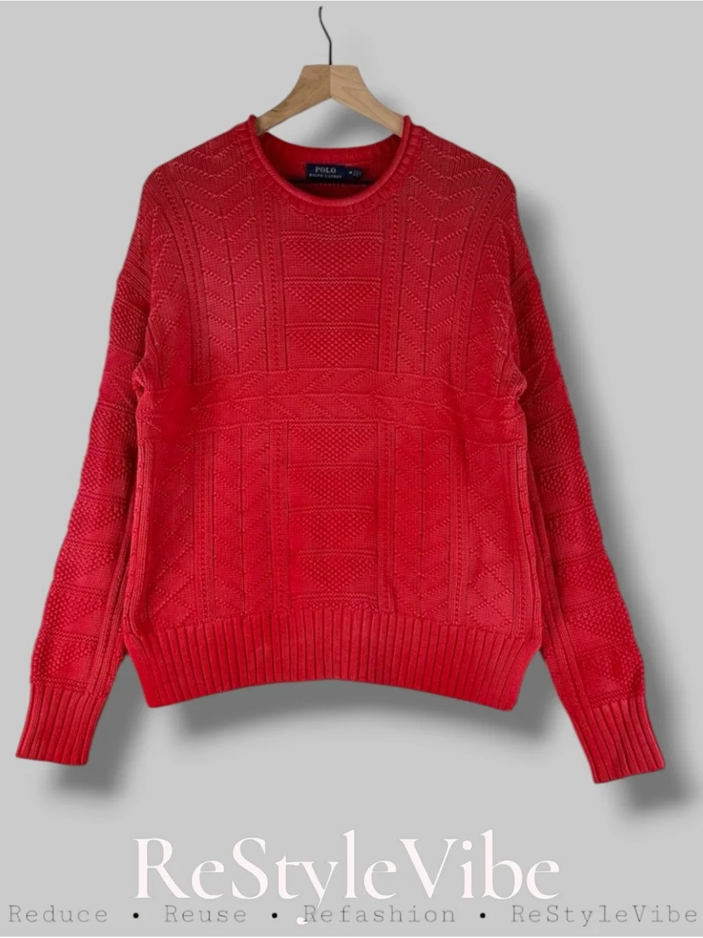 POLO RALPH LAUREN Men’s Size M Sweater Crew Neck Cotton Pullover Red Cable Knit
